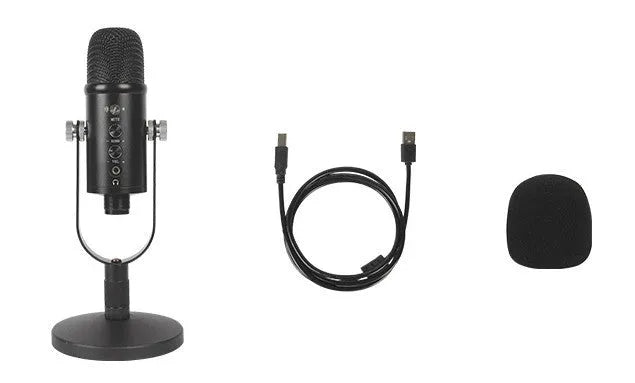 Black BM-86PRO USB condenser microphone with metal stand and sponge pop filter on a desk.