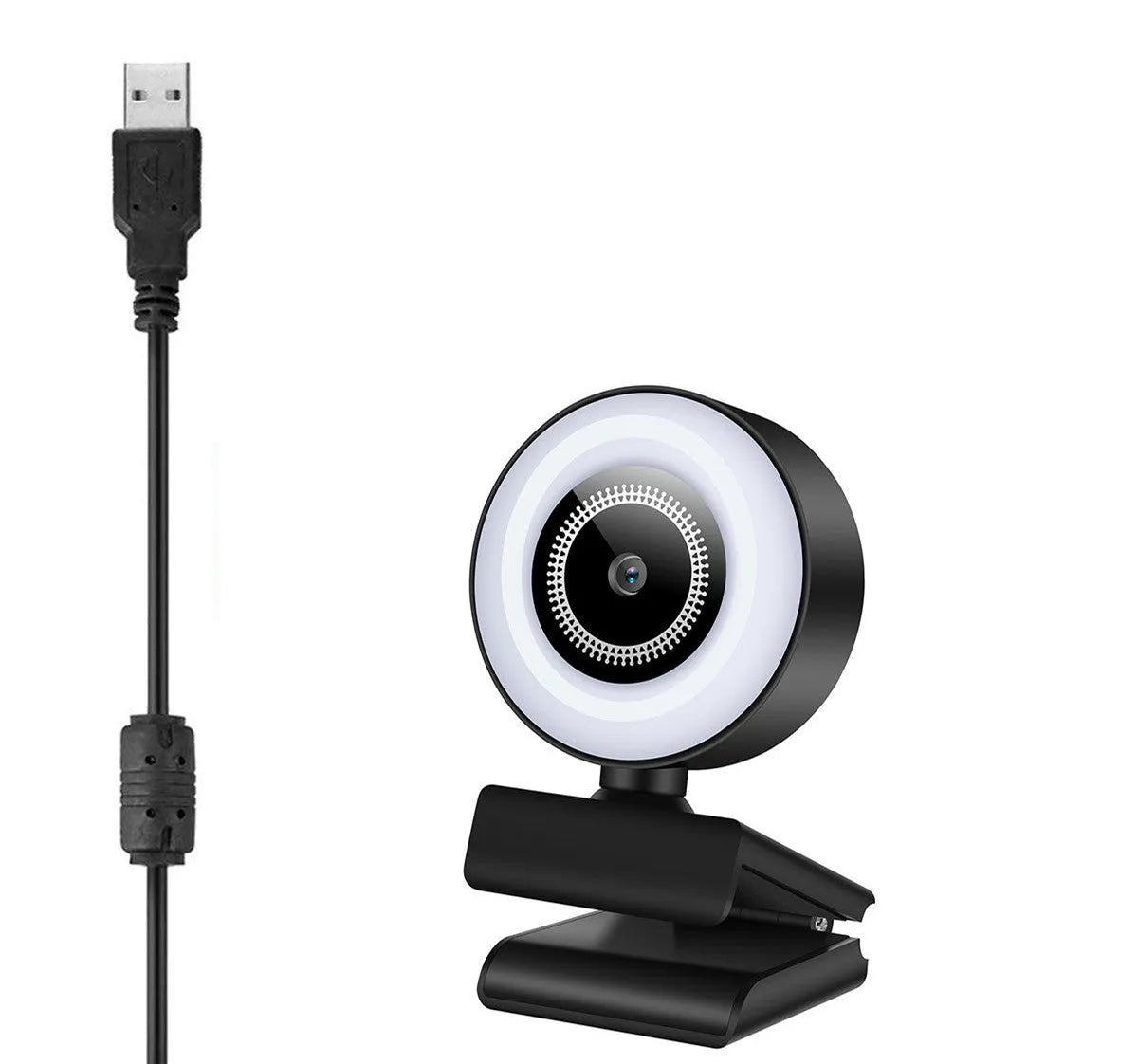 USB web camera with integrated LED fill lights and wide-angle lens for video calls