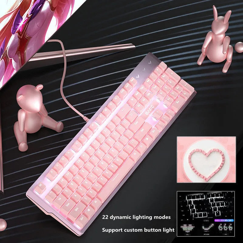 Pink mechanical gaming keyboard and wired mouse set with USB cables on gaming desk