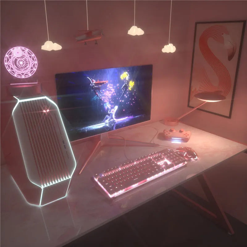 Pink mechanical gaming keyboard and wired mouse set with USB cables on gaming desk