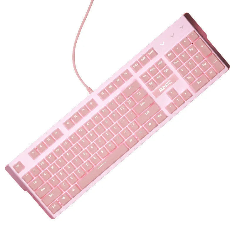 Pink mechanical gaming keyboard and wired mouse set with USB cables on gaming desk