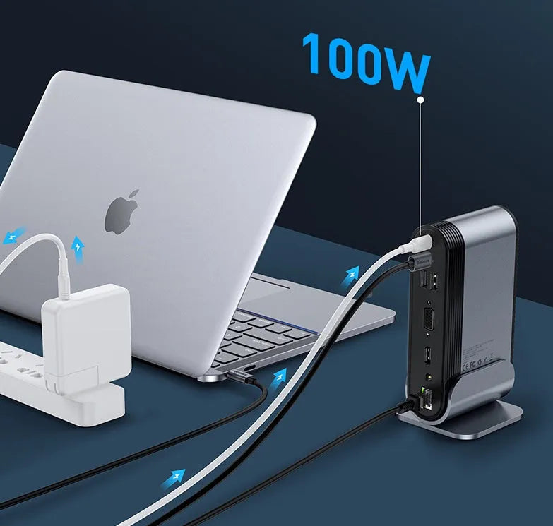 Deep space grey 16-in-1 Type-C docking station hub with external power supply on a desk