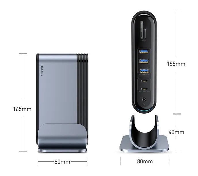 Deep space grey 16-in-1 Type-C docking station hub with external power supply on a desk