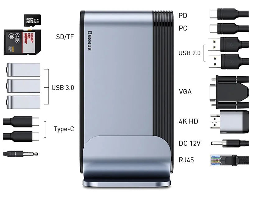 Deep space grey 16-in-1 Type-C docking station hub with external power supply on a desk