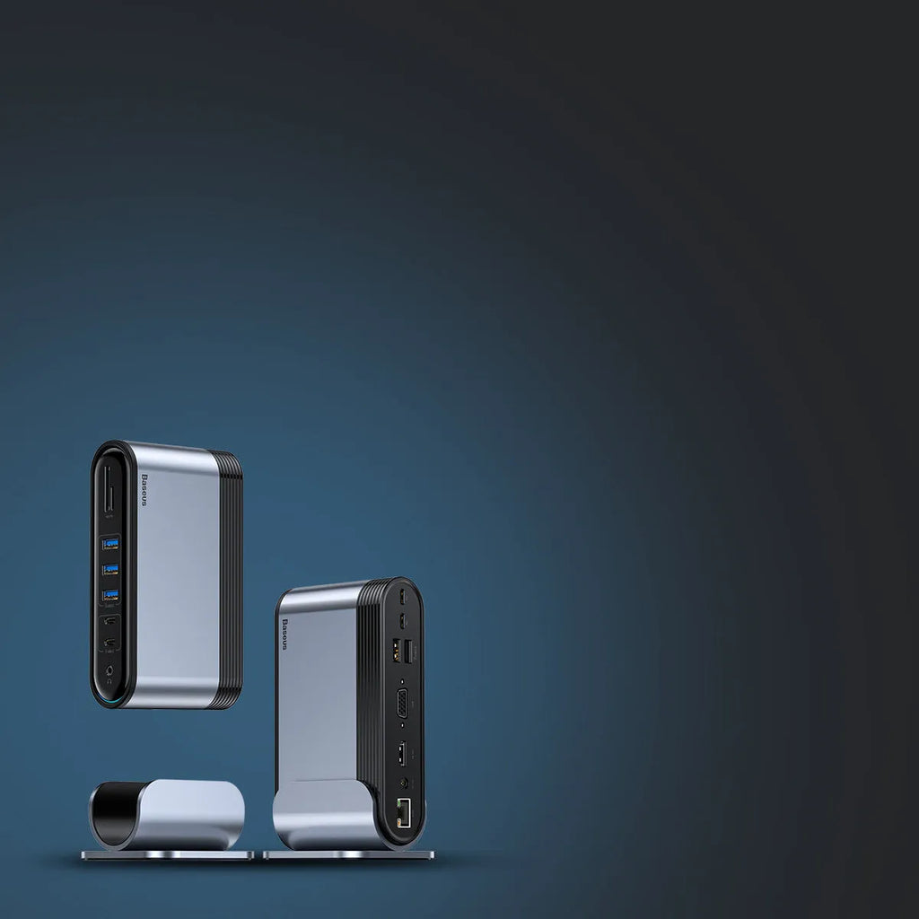Deep space grey 16-in-1 Type-C docking station hub with external power supply on a desk