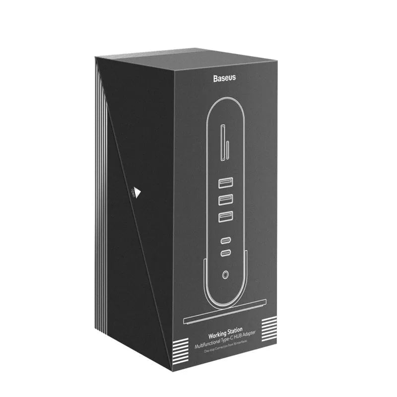 Deep space grey 16-in-1 Type-C docking station hub with external power supply on a desk
