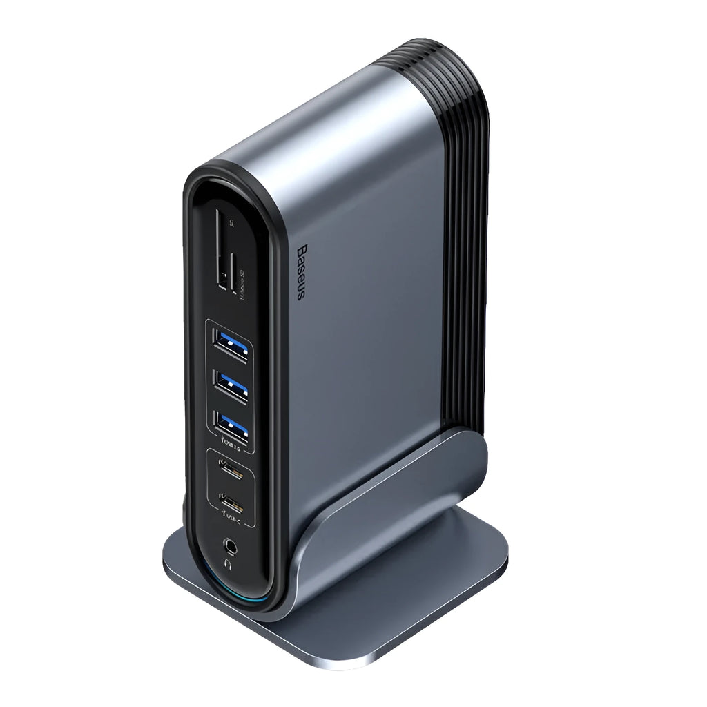 Deep space grey 16-in-1 Type-C docking station hub with external power supply on a desk
