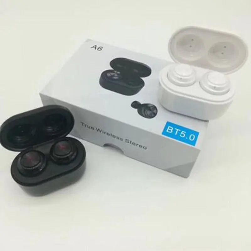 Black and white A6 TWS wireless Bluetooth earbuds with noise cancellation