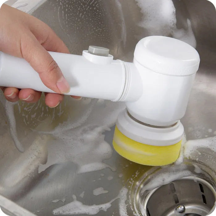 White 5-in-1 electric cleaning brush with three interchangeable heads, cordless hand-held scrubber for tub and sink