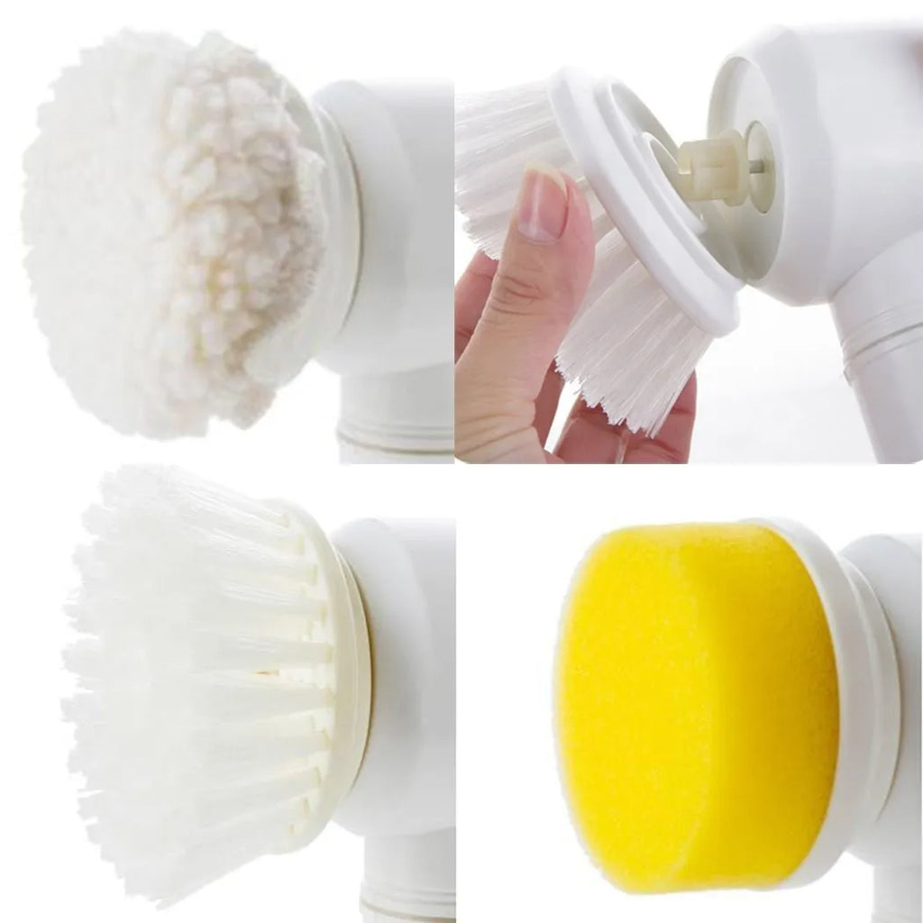 White 5-in-1 electric cleaning brush with three interchangeable heads, cordless hand-held scrubber for tub and sink