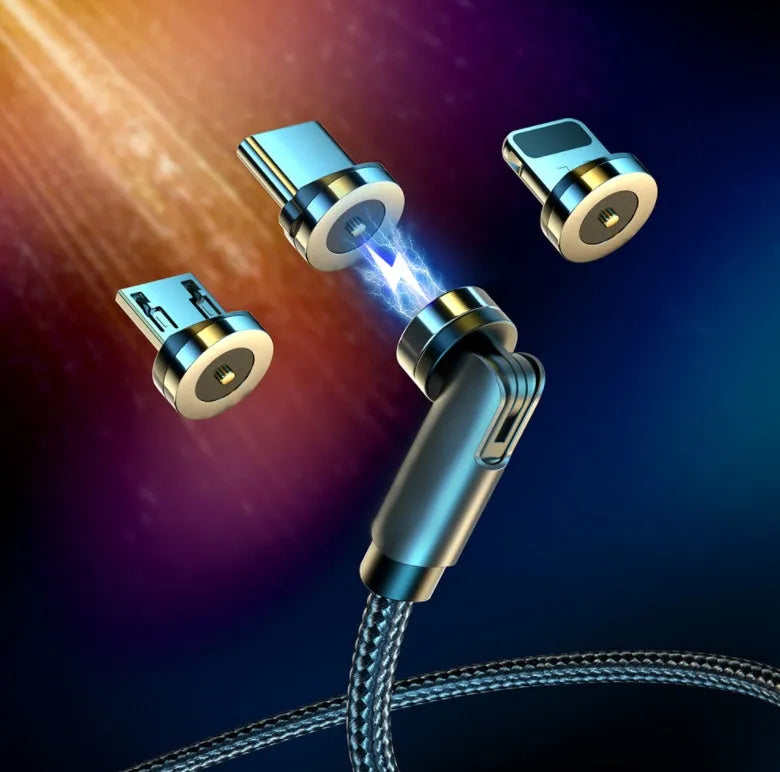 Black magnetic USB charging cable with rotating head and blue LED light on a 1m nylon braid.