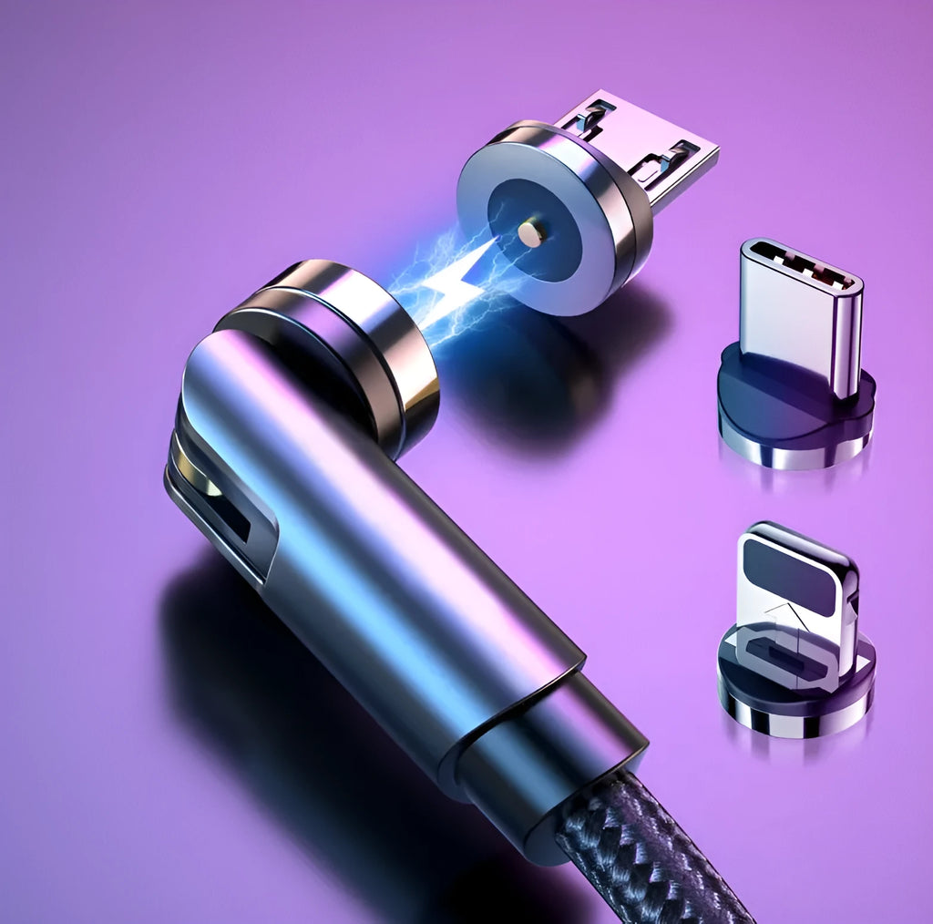 Black magnetic USB charging cable with rotating head and blue LED light on a 1m nylon braid.