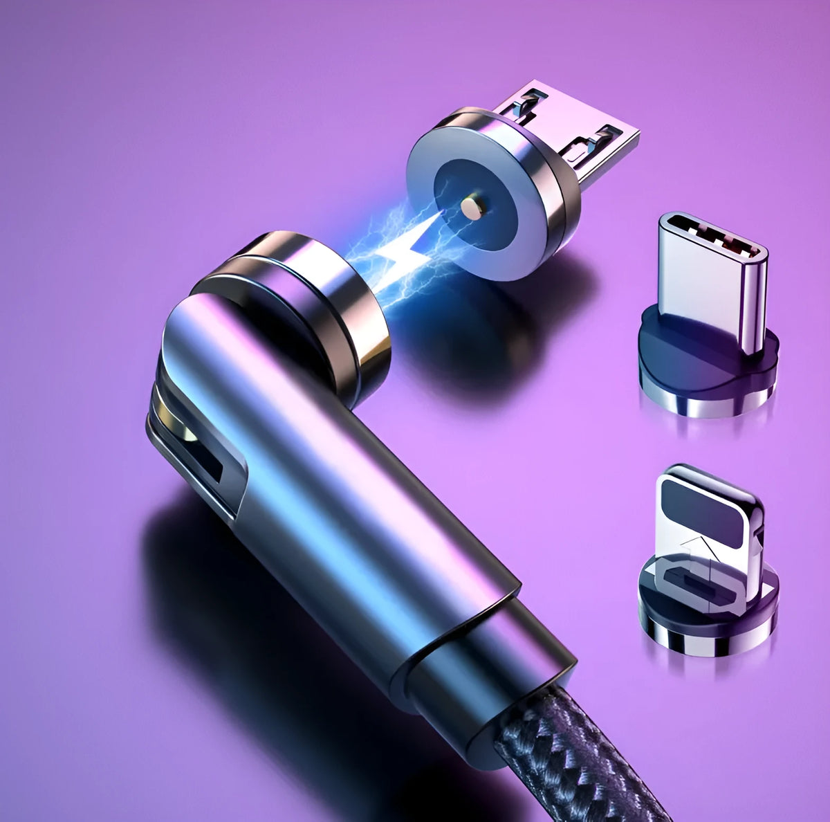 Black magnetic USB charging cable with rotating head and blue LED light on a 1m nylon braid.