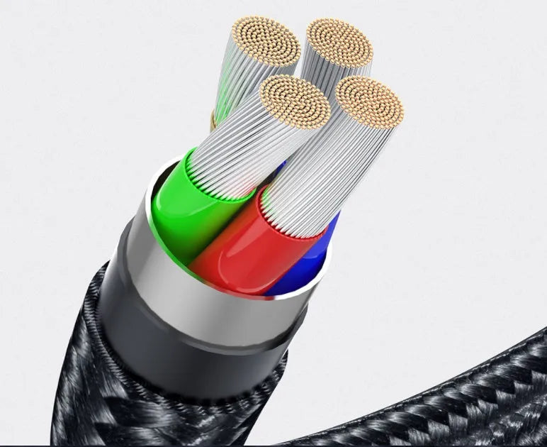 Black magnetic USB charging cable with rotating head and blue LED light on a 1m nylon braid.