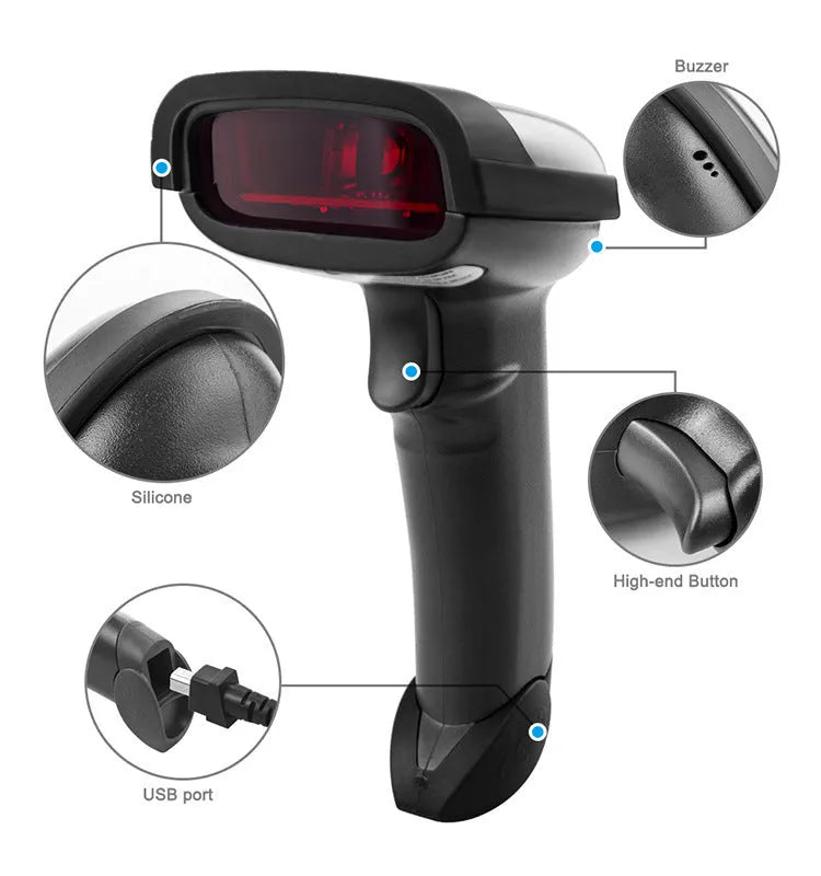 Black wireless handheld barcode scanner with USB cable connection