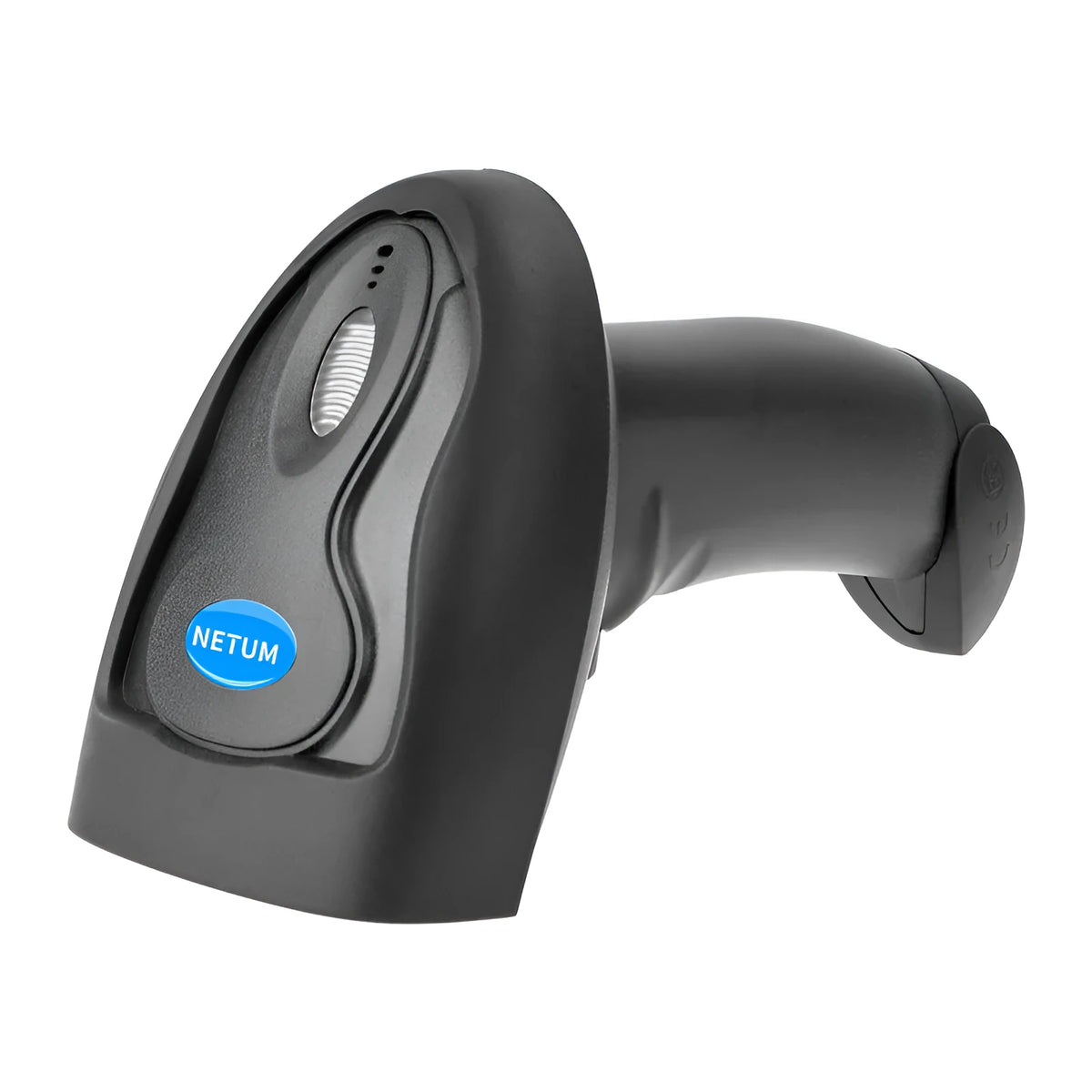 Black wireless handheld barcode scanner with USB cable connection
