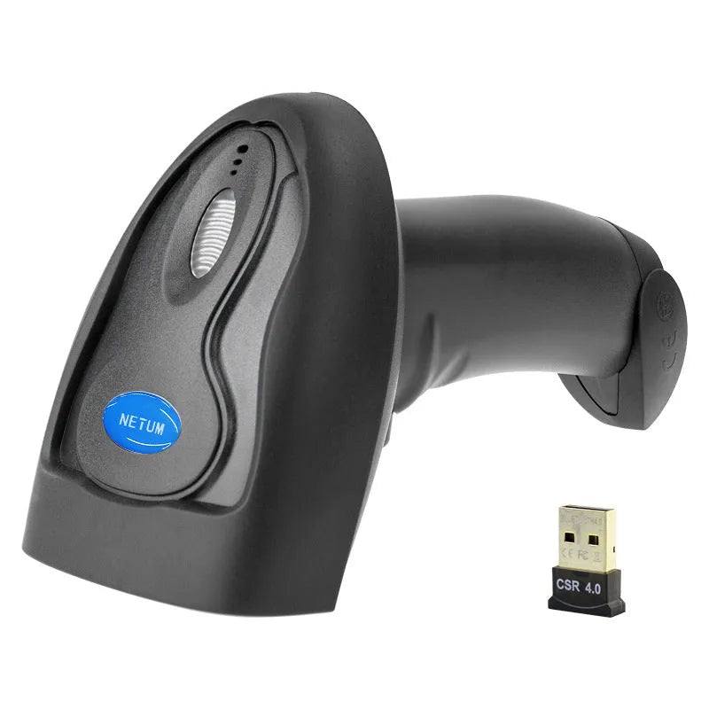 Black wireless handheld barcode scanner with USB cable connection