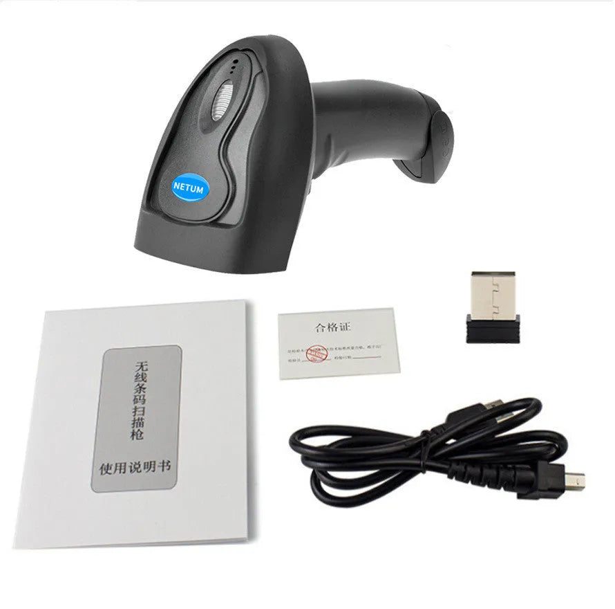 Black wireless handheld barcode scanner with USB cable connection