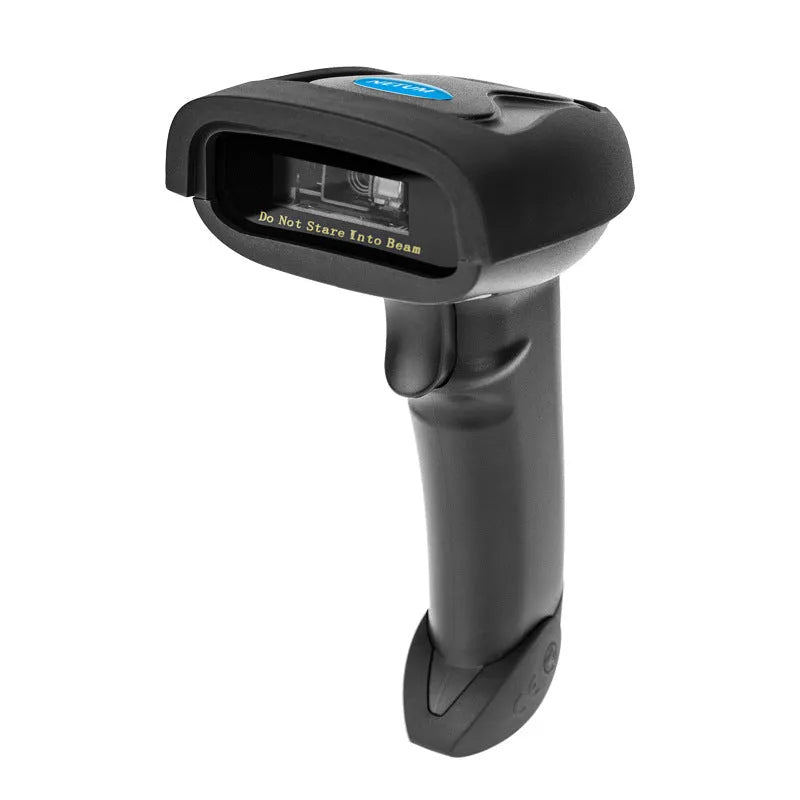 Black wireless handheld barcode scanner with USB cable connection