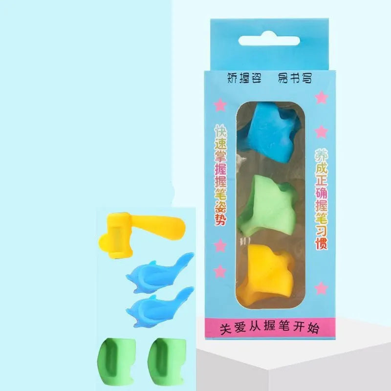 Children's writing orthosis set with pen holders and ergonomic grip corrector in mixed colours