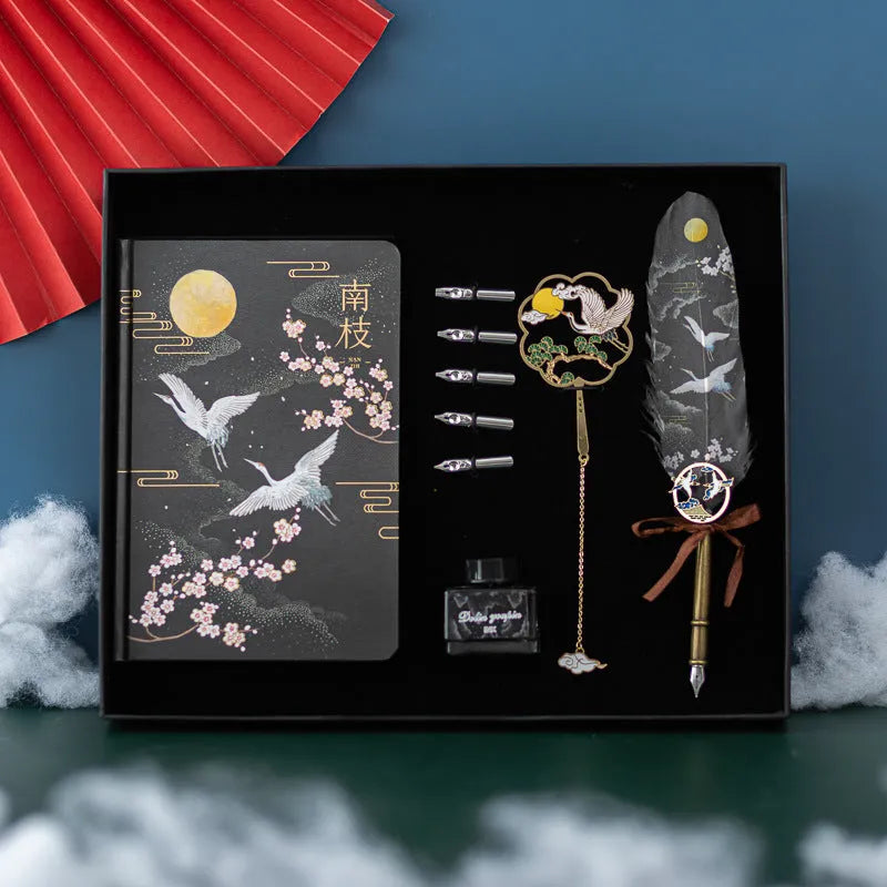 Chinese style feather pen set with four colour variations, metal sheath, and jianhegui notebook