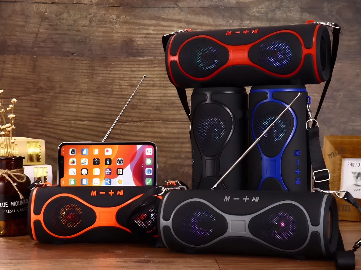 Multifunctional Bluetooth speaker with phone stand in various colours showing dimensions 230x84x89mm