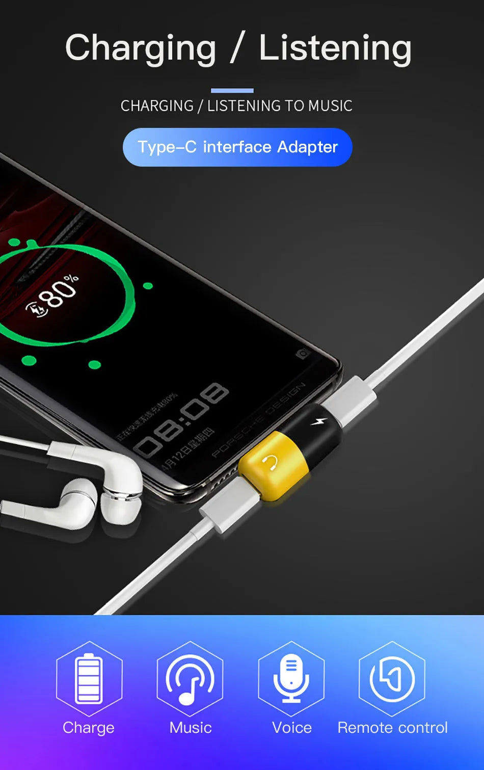 Blue Huawei phone charging audio splitter adapter with 3.5mm headphone jack