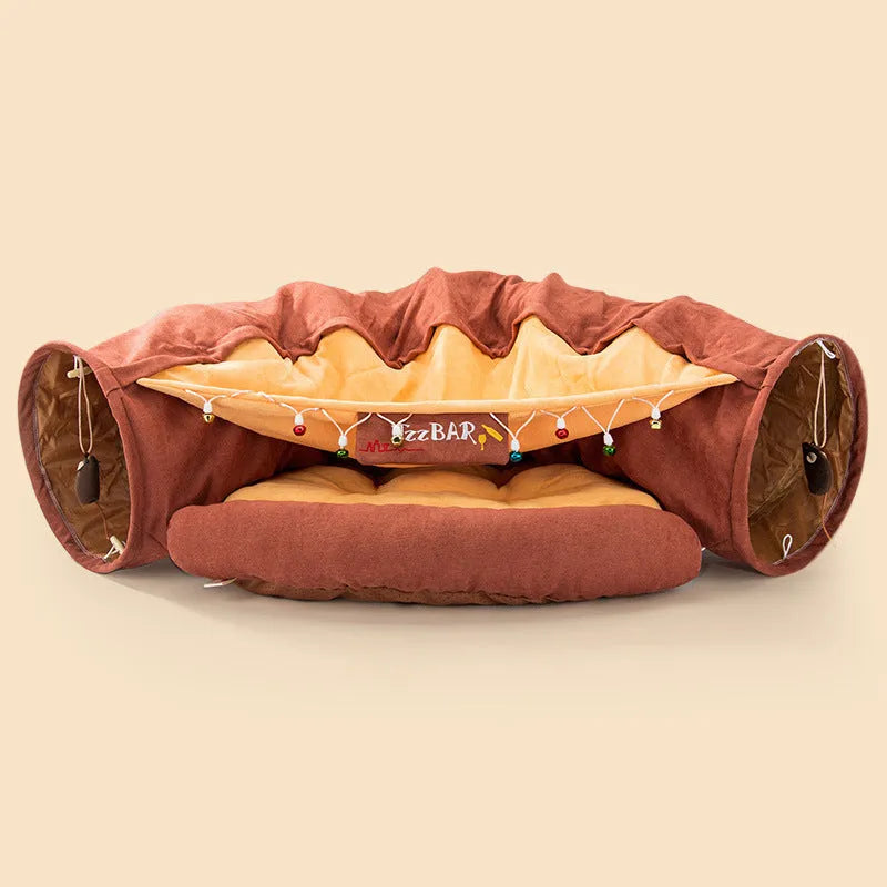 Collapsible cloth cat tunnel in four colour options measuring 45 by 50 by 22 centimetres