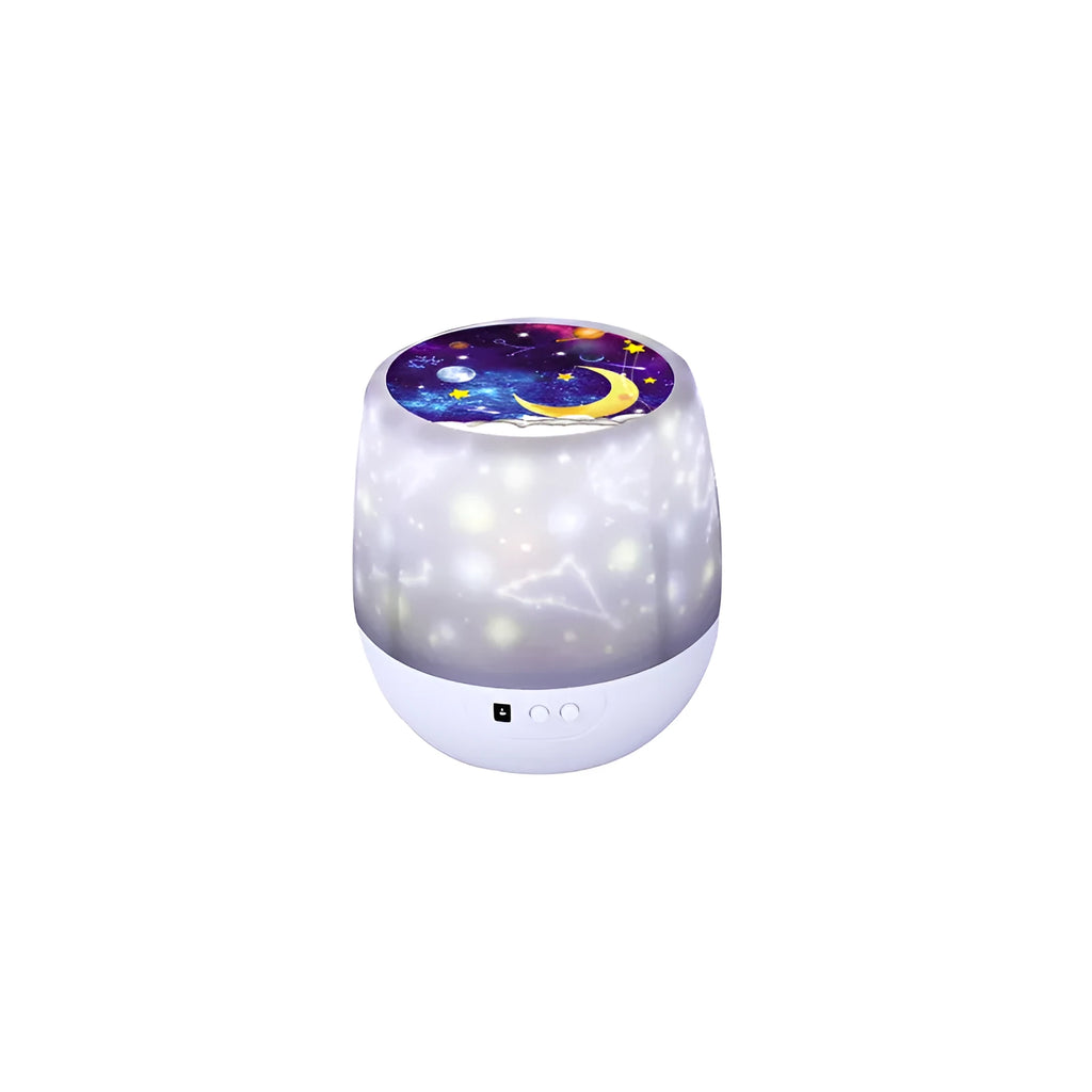 Pruixin LED projector night light projecting rotating starry sky patterns onto a bedroom ceiling