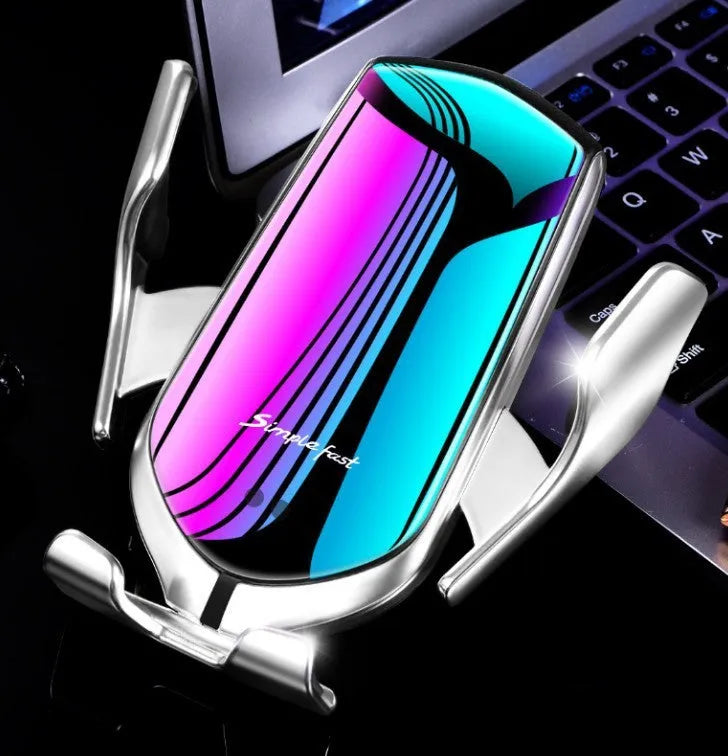Magic Clip R1 automatic wireless charging car phone holder in silver finish showing clamping arms
