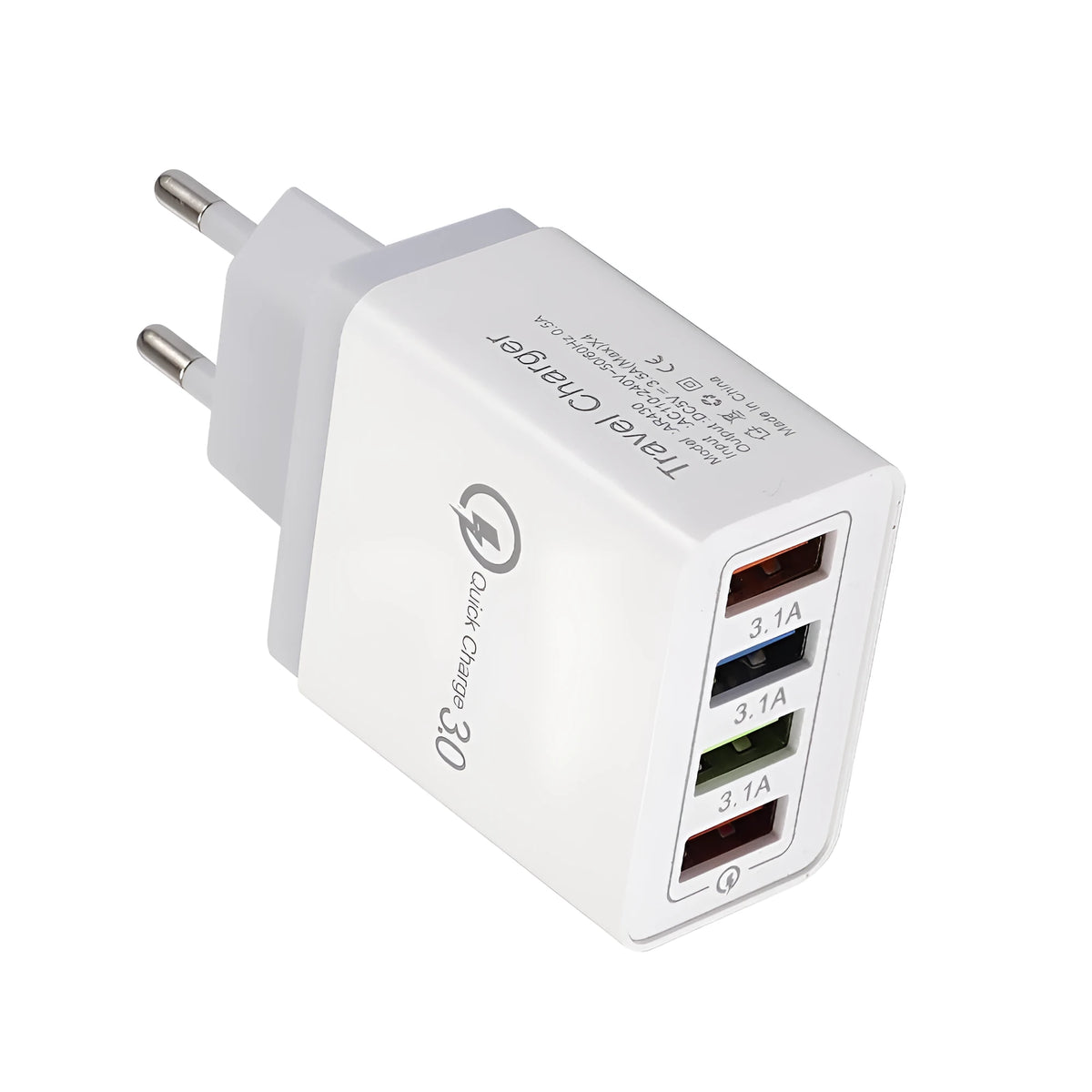 Compact 4-port USB mobile phone charger in multiple colours, shown plugged into a UK wall socket.