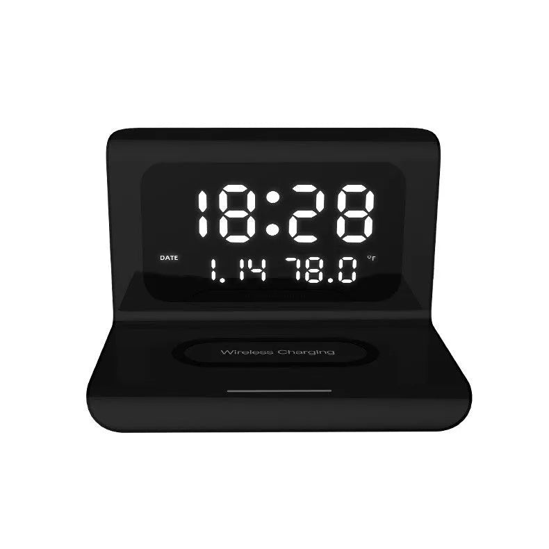 White wireless charger alarm clock showing digital display with time, date, temperature and humidity readings