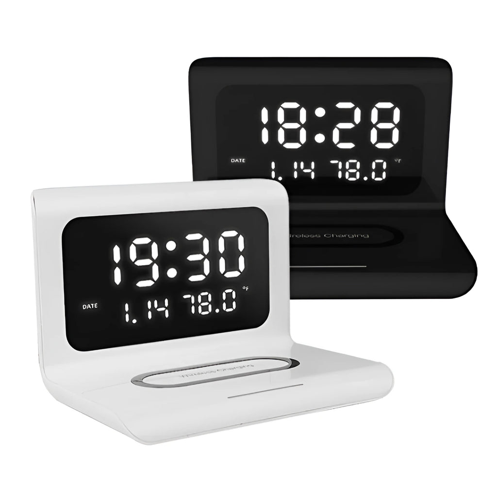 White wireless charger alarm clock showing digital display with time, date, temperature and humidity readings