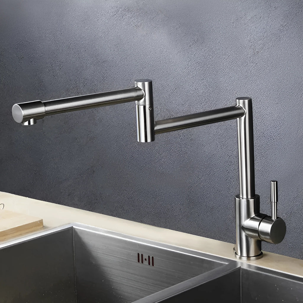 Silver stainless steel mixing tap with 360-degree rotation and lifting type hot and cold controls