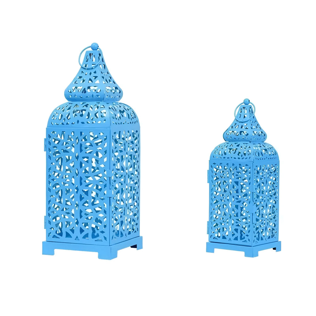 Blue iron candelabra lantern with geometric cut-out pattern measuring 14x14x38 cm