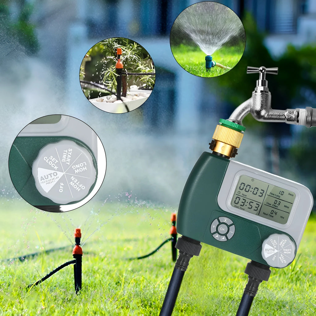 Green digital hose faucet timer with copper connector for automatic garden watering systems