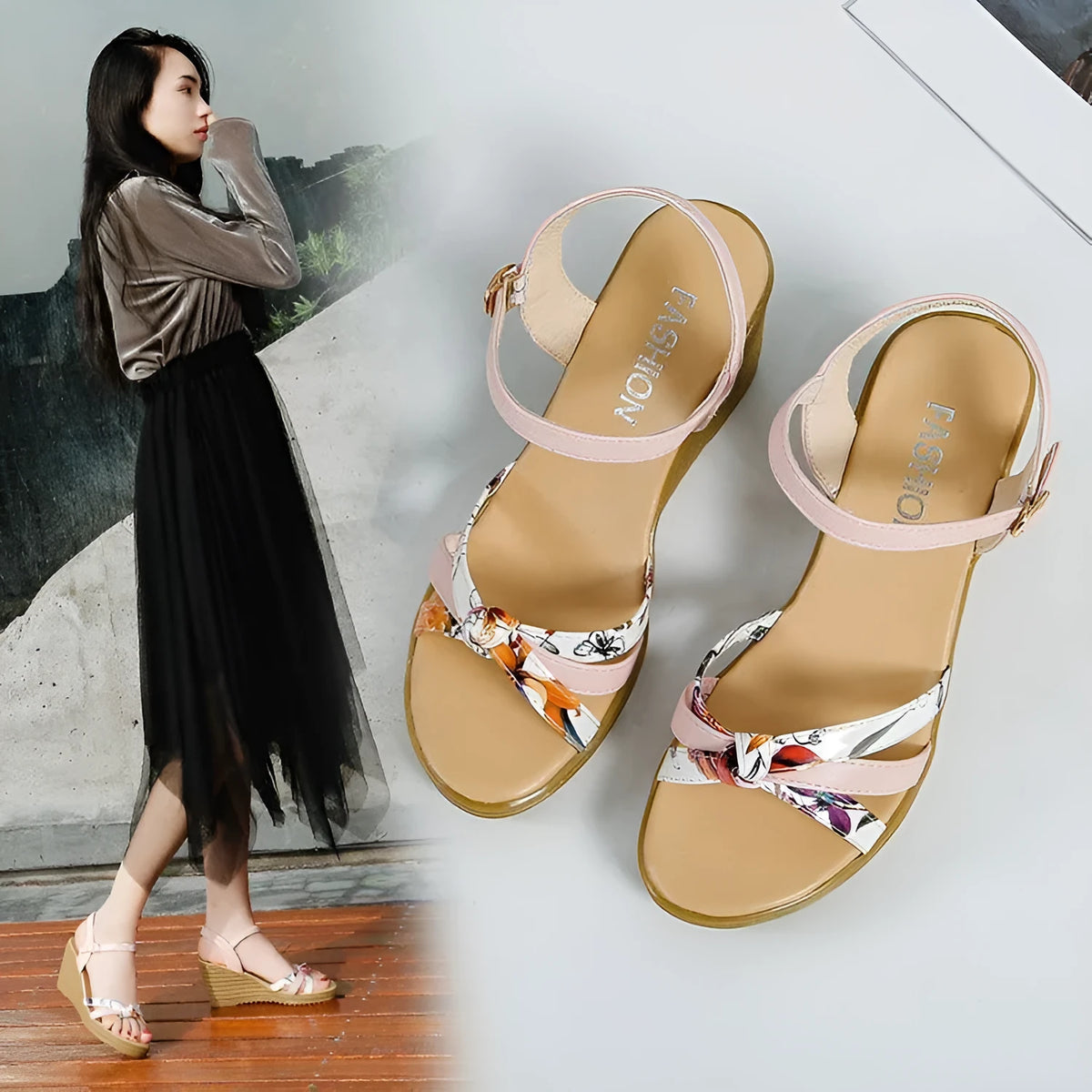 Women's pink wedge sandals with thick heel, fish mouth toe, and buckle closure on a white background
