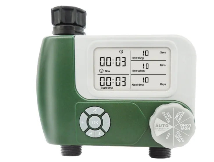 Green digital hose faucet timer with copper connector for automatic garden watering systems