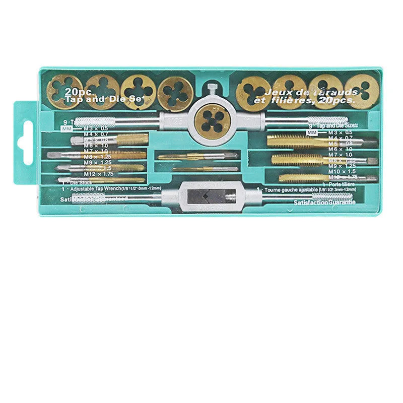 Metric tap and die threading tool set with alloy steel construction and silver or titanium-plated finish options