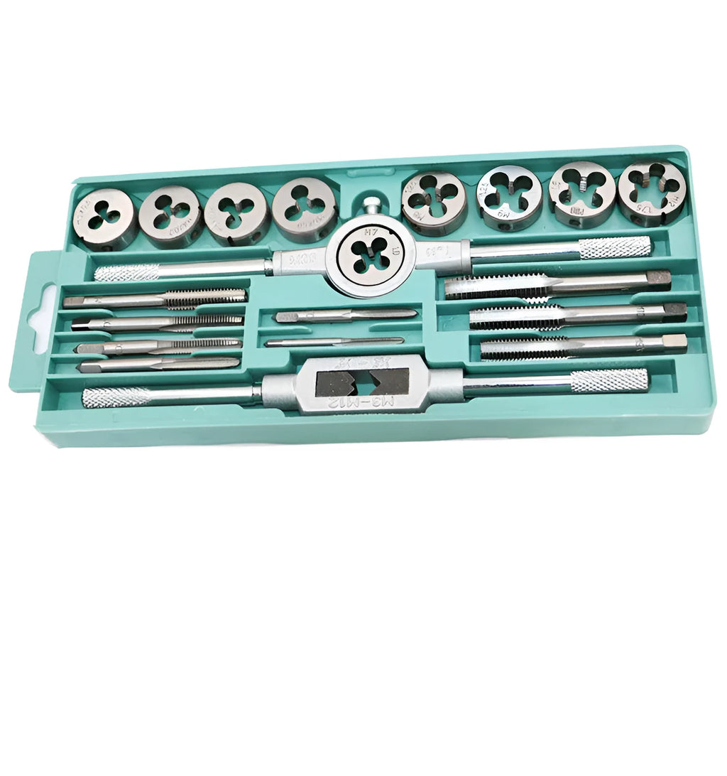 Metric tap and die threading tool set with alloy steel construction and silver or titanium-plated finish options