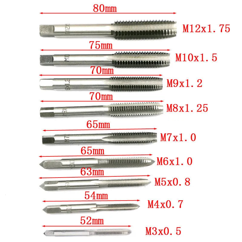 Metric tap and die threading tool set with alloy steel construction and silver or titanium-plated finish options