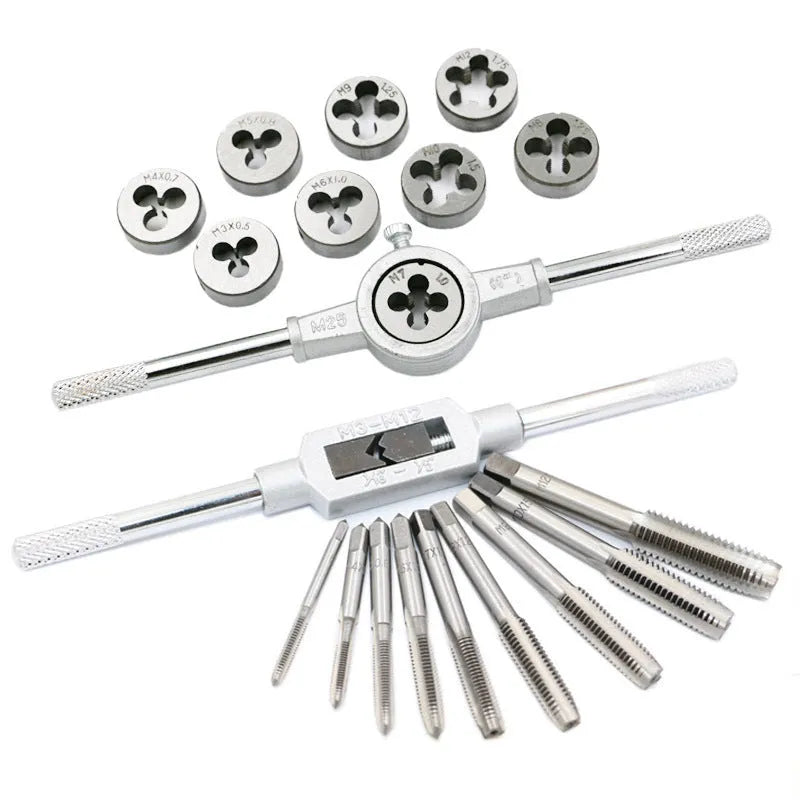 Metric tap and die threading tool set with alloy steel construction and silver or titanium-plated finish options