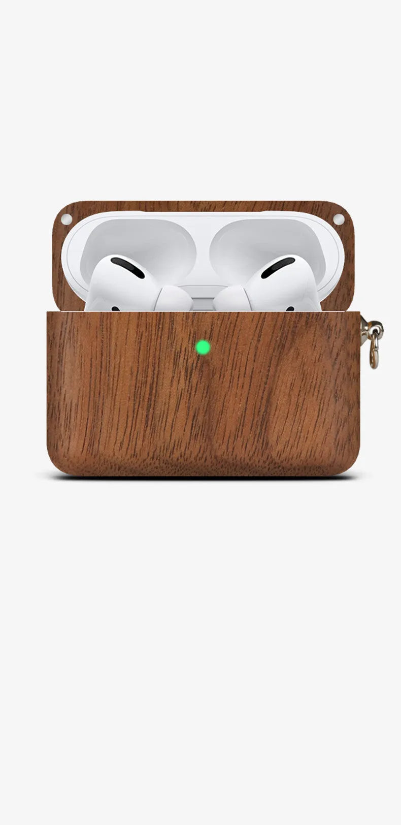 Solid wood Bluetooth earphone sleeve and case in bamboo and walnut finishes with a lanyard.
