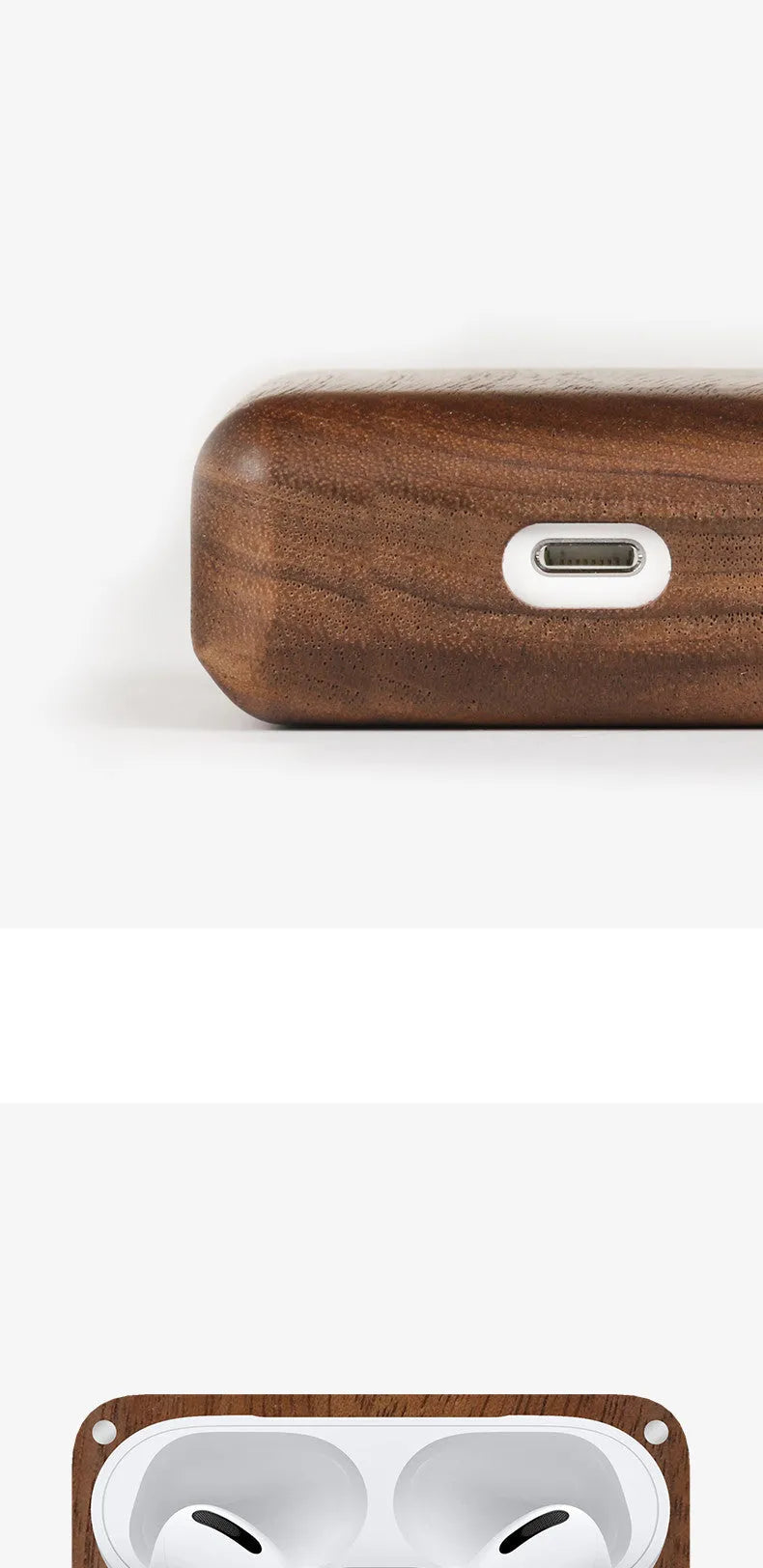 Solid wood Bluetooth earphone sleeve and case in bamboo and walnut finishes with a lanyard.