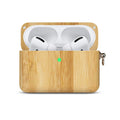 Solid wood Bluetooth earphone sleeve and case in bamboo and walnut finishes with a lanyard.