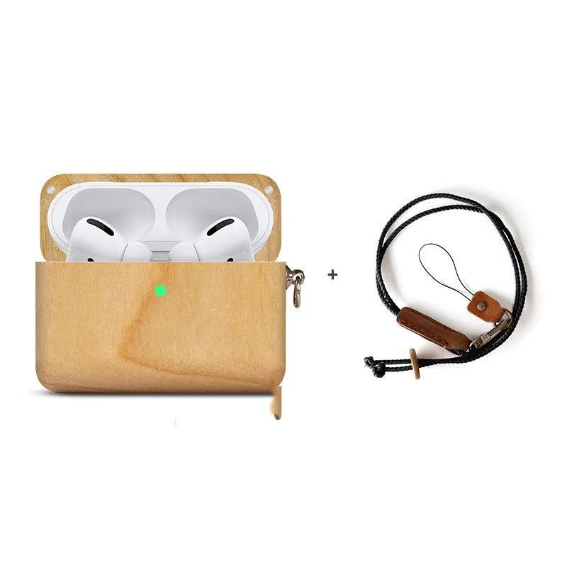 Solid wood Bluetooth earphone sleeve and case in bamboo and walnut finishes with a lanyard.