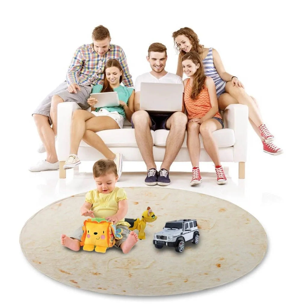 Round coral fleece burrito blanket with a food-themed print, shown folded.