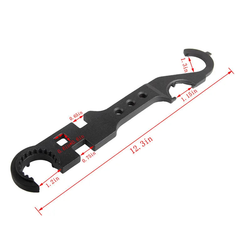 Black steel combination wrench for AR15 and M4 rifle maintenance with dual-purpose design