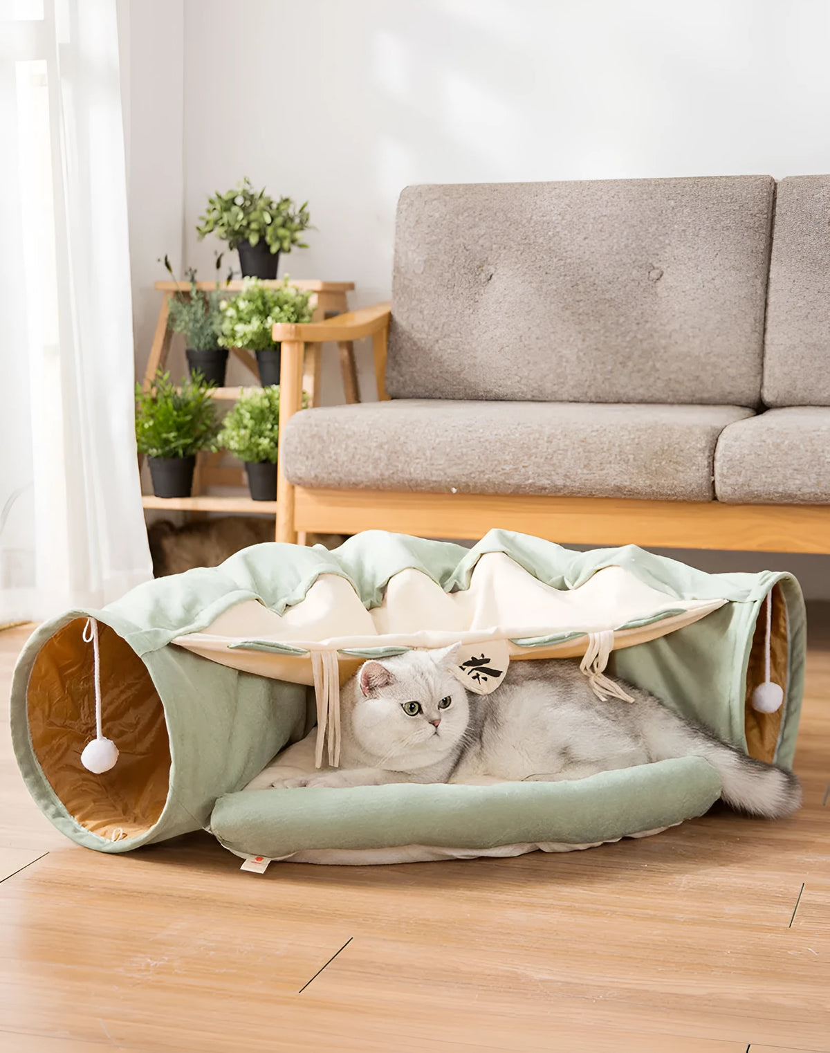 Collapsible cloth cat tunnel in four colour options measuring 45 by 50 by 22 centimetres