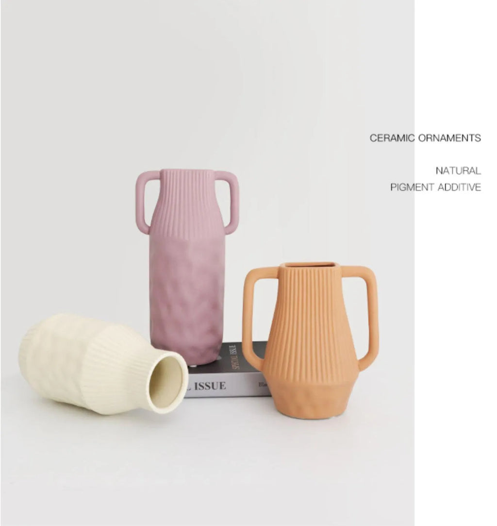Nordic Morandi ceramic vase with hammer texture finish in beige, brown, or purple colour options